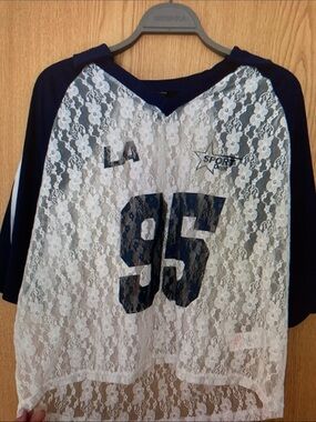 New Look Navy and White Lace Baseball Tee with '95' Graphic